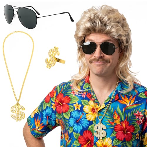 Moiuguli Vokuhila Perücke Herren 80er Jahre Outfit Perücke Männer Lang Mullet Vokuhila Heavy Metal Punk Männlich Kostüm Accessoires Karneval Kostüm Sonnenbrille Halskette Disco Thema Party Wigs