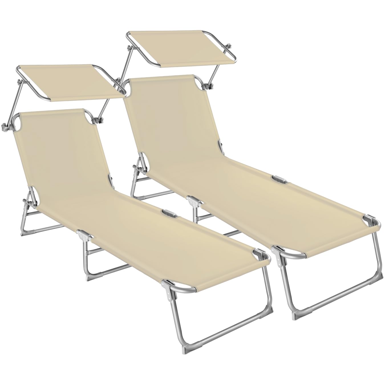 tectake® Set de 2 Tumbonas Jardín Exterior, Toldo y Respaldo Regulables, Tumbona Plegable Resistente a Intemperie, Tumbona Playa con Parasol, Tumbona Piscina Carga Máx 110 kg, Fácil Transporte - beige