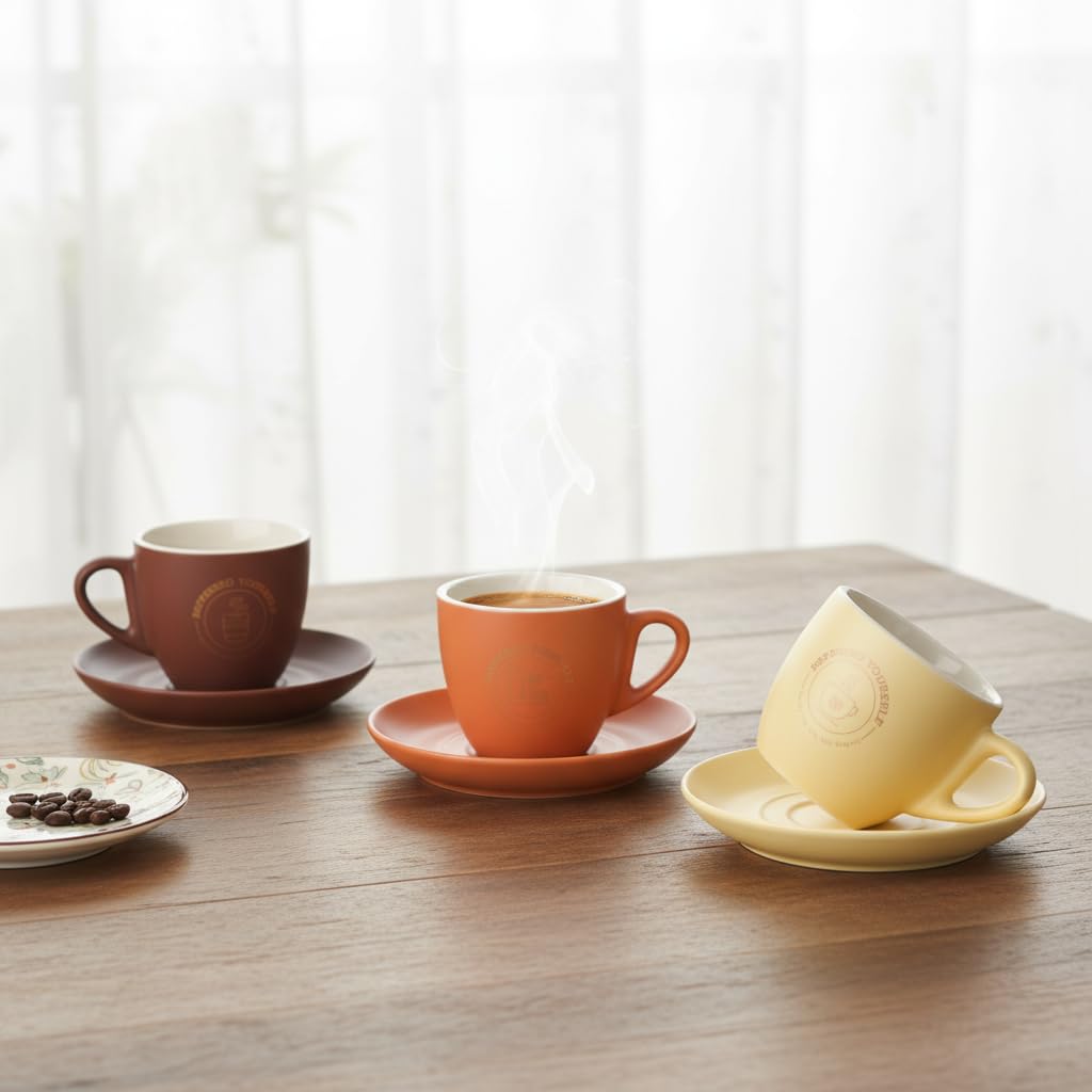 Deconox Porselen Fincan ve Tabak Seti 200 ml - Özel Kutulu Asorti Renkli (Pastel Tonlar) Altın Yaldız Detaylı Hediyelik Fincan (1 Kişilik)