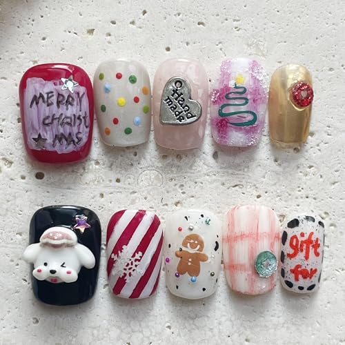 Kokowomite Nails 手作りネイルチップショート スクオーバル 赤 黒 白 ピンク 金色 ハート柄 ストライプ ドット 犬 クリスマスつけ爪 手描き可愛い韓国 おしゃれ付け爪 人気3D デザイン10枚入