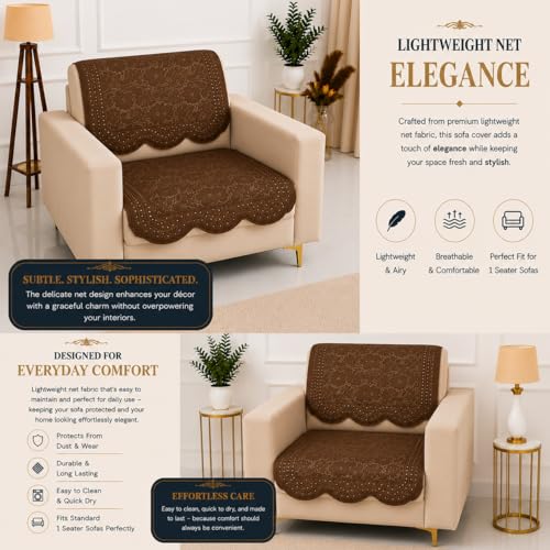 Image of Homerz Premium 'Surya Series' Sofa Cover | Stylish Sofa Protector | Net Fabric | Anti-Stain & Washable Slip Cover Exact Size Antislip (Flower Valley Brown, 1 Seater, Seat Cover with Backrest)