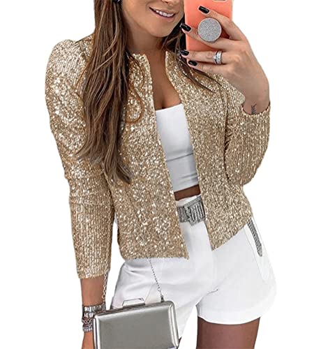 Minetom Blazer à Paillettes Femmes Chic Sequin Veste Casual Elegant Manches Longues Glitter Party Brillant Manteau Rave Blazer Veste De Costume A Or S