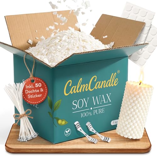 CalmCandle 5 kg Premium Sojawachs inkl. 50 Dochte 50 Klebesticker & 2 Dochthalter 100% pflanzlich & weiß | 5kg Kerzenwachs zum Kerzen selber Machen | DIY Wachs zum Kerzen Gießen (5 kg)
