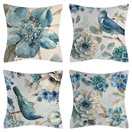 Fullfun Teal Bird Cushion Covers, Duck egg Blue Flower Cushion Covers, Peacock Blue Hand Painted Pack of 4 Square linen Throw Pillowcase with Invisible Zipper for Sofa & Couch 70 cm x 70 cm