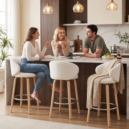HEAH-YO Butacos Modernos para Isla de Cocina, Juego de 2 Unidades, Altura de Barra (26 pulgadas), Asiento Tapizado en Bouclé y Patas de Madera, Color Blanco miniatura 3