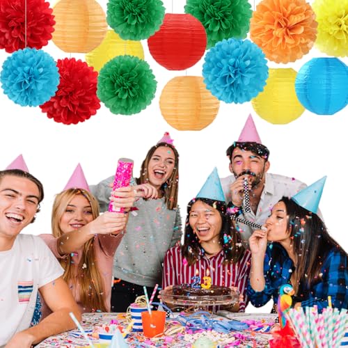 Image of Rainbow Colorful Party-Decorations Paper-Flowers - 15pcs Welcome Back to School Tissue Pom Poms Lanterns Streamers,Carnival Video Game Kids Birthday Graduation Baby Shower Hanging Supplies Hugfond