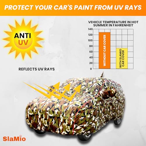 Image of Waterproof Car Body Cover for Citroen C3 with Mirror Pocket, Soft Cotton Lining, Triple Stitched, Full Bottom Elastic (Heat Resistant Jungle Print with Red Piping)