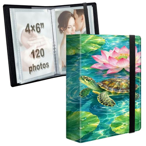 Image of Photo Album 4x6 120 Photos with Strong Elastic Band, Lotus Sea Turtle | Large Capacity Premium Leather Picture Album, Portable Wallet Albums Photo Book for Family Anniversaries Wedding Baby