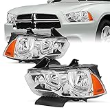 SOCKIR Halogen Type Headlight Assembly Set Compatible with 2011 2012 2013 2014 Dodge Charger Replacement Headlamp Passenger and Driver Side Not Fitting HID model Chrome Housing