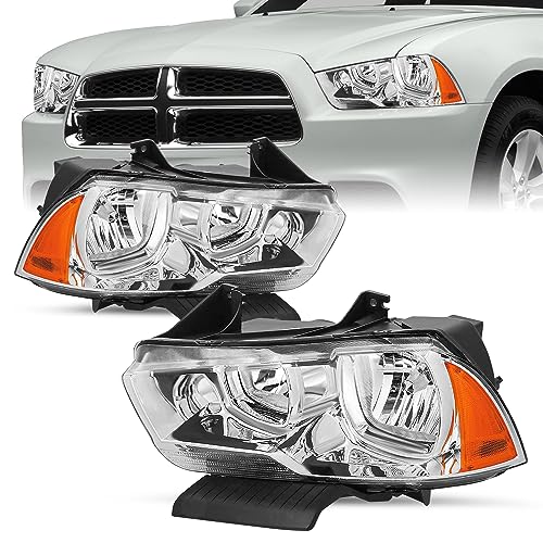SOCKIR Halogen Type Headlight Assembly Set Compatible with 2011 2012 2013 2014 Dodge Charger Replacement Headlamp Passenger and Driver Side Not Fitting HID model Chrome Housing