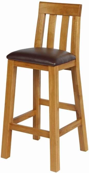 Chunky, Solid Oak Slatted Bar Stool With Brown Leather Seat Pad.