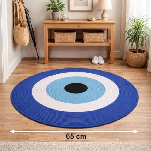 Image of Round Jute Reversible Evil Eye Door mat, 65 * 65 cm, Floor mat| Doormat for Home Entrance| Bathroom| Bedroom| Living Room| Kitchen| Pooja Room| Rug| Home Decor| Anti Slip| Outdoor| Nazar mat