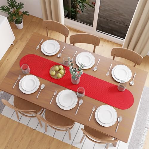 Image of Encasa XO Table Runner for 4 Seater | Handmade Ribbed Style Cotton | 30x137 cm | Red | for Dining & Center Table
