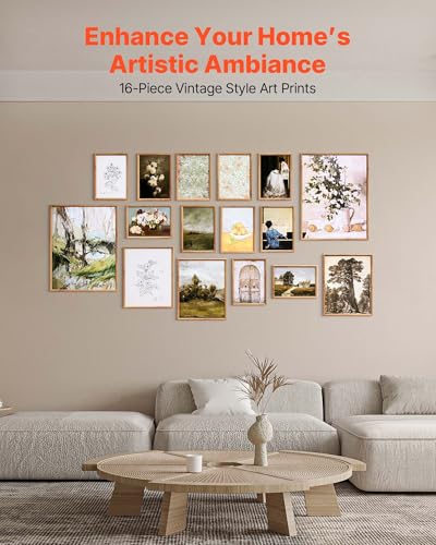 VEVOR 16 PCS Framed Wall Art Prints, Vintage Eclectic Art Decor, Gallery Wall Prints with 3 Sizes for Flexible Combinations, High Gloss & Low-Solubility Canvas, for Living Room, Bedroom, Bathroom
