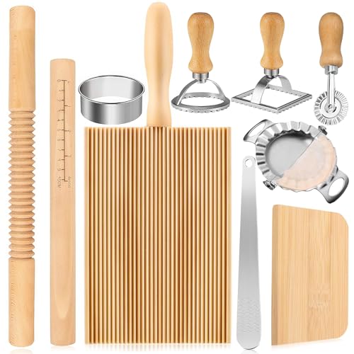 10 Stück Nudelbrett für Gnocchi und Garganelli Set,Nudelherstellungs Set mit Ravioli Stempel Ausstechern,Nudelhölzern GnocchiBrett Teigschneider Knödelmacher,Praktisches Zubehör zur Nudelherstellung