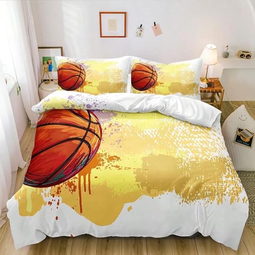 Housse de couette basket-ball 3D jaune parure de lit 155x220cm chambre garçon et fille