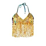 Belly Dance Skirt Top Set - Sparkly Sequins Fringe Tassel Dance Hip Short Skirts Festival Rave Outfits for Women (Top-Gold)