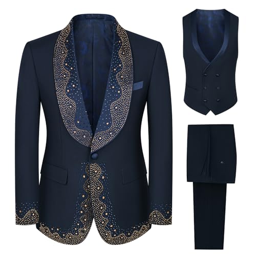 3 Pieces Prom Tuxedo for Men Groom Wedding Suits Luxury Diamonds Shawl Lapel Blazer Jacket Vest Pants Party Sets2