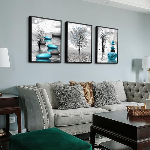 Large Black Framed Wall Art for Living Room Wall Decor for Office Bedroom Wall Decoration Blue Abstract Pictures Black and White Paintings Modern Room Aesthetic Home Decor 3 Piece Art Prints