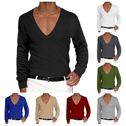 Deep V Neck Shirts for Men Long Sleeve Stretch T Shirt Low Cut Undershirts Muscle Athletic Workout Tees Pullover Tops