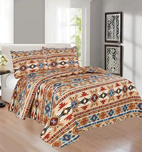 Rustic Western Southwestern Native American Tribal Navajo Design Bedspread Quilt Set In Beige Taupe Brown Blue Green Austin Red #TOP23