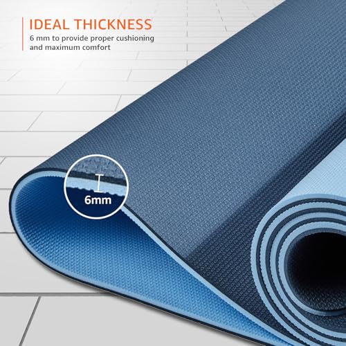 Image of AmazonBasics Dual Colour Reversible Yoga Mat | 6 MM Anti-Slip Thick Mat | Carry Strap | Grippy Surface | TPE & EVA Material | for Men & Women (Dark Blue & Light Blue)