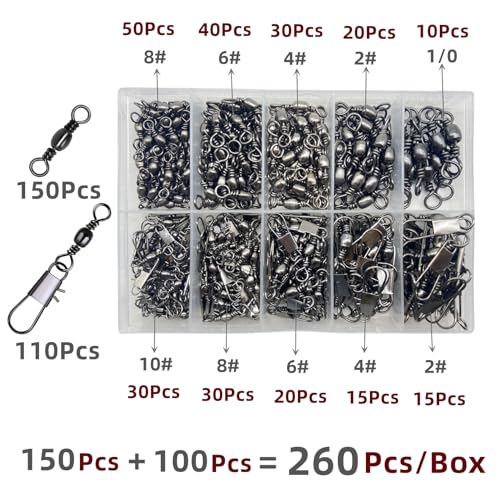 DAMIDEL 260Pcs/Box with Stainless Steel Fishing Barrel Swivels 150Pcs /Barrel Swivels with Snaps 110Pcs Mix,High Strength Connector for Quick Change Fishing Lure or Line Tackle Saltwater Freshwater - Thumbnail 2
