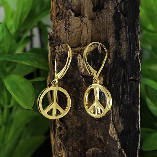 Jewel Zone Us Women's Glossy Peace Sign Dangle Earrings In Yellow Gold Over Sterling Silver #TOP1