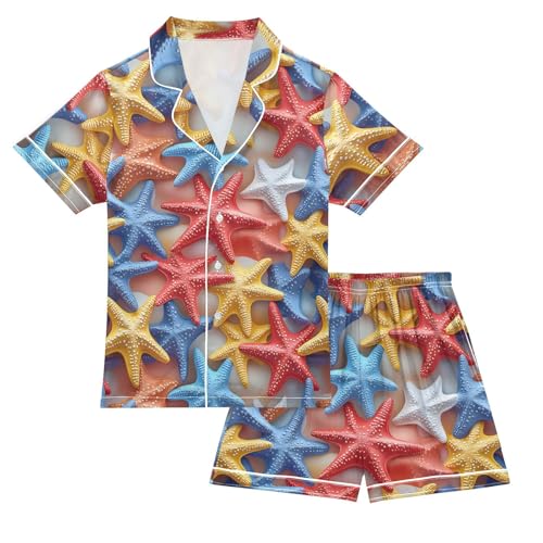 ALAZA Starfish 3d Colorful Satin Pajamas Set Short Sleeve Button Down Sleepwear Summer Pjs 2 Piece