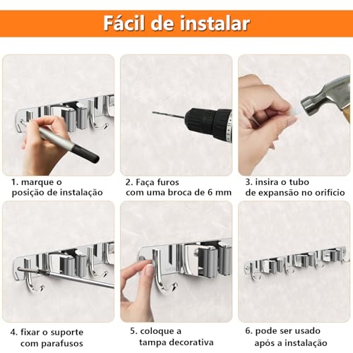 Suporte de Parede para Vassouras e Esfregões, 4 Prateleiras, 5 Ganchos, Aço Inoxidável (1, 4 clipes,