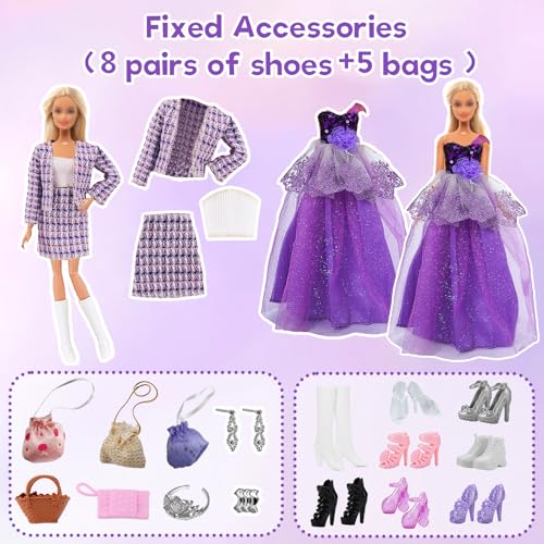 34 Pcs Clothes and Accessories Compatible with 11.5 Inch Girl Dolls, 8 Set Doll Clothes and Fashion Packs, 1 Princess Dress 1 Ballet Skirt 3 Elegant Skirts 7 Tops 3 Pants 8 Shoes 5 Bags 1 Crown