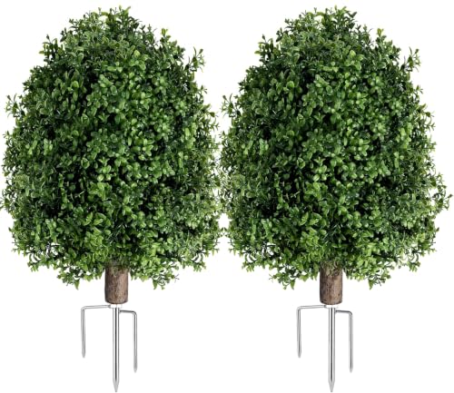 INSPRING Artificial Boxwood Topiary Trees Outdoor Fake Bushes Plants UV Resistant Evergreen Shrubs with Metal Ground Spike for Porch Patio Garden 2 Pack