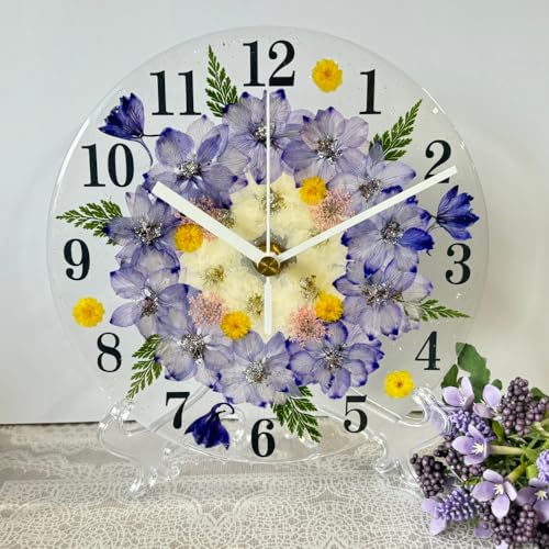 押し花 花時計 【フラワーサークル・ラベンダー ラージサイズ 掛け時計・置時計】 φ18cm ハンドメイド お花が好きなあの方へ 花時計ギフト!可愛いボックス入り (ラベンダー) 母の日 誕生日 結婚御祝 結婚記念日 退職プレゼント 内祝 還暦 古希 喜寿