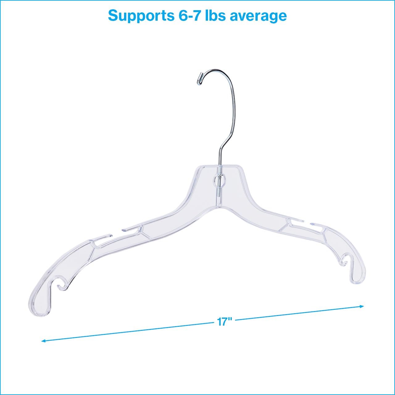 SSWBasics 17 inch Clear Plastic Dress Hangers (Case of 20) - Features a Chrome Swivel Hook and Notched Shoulders - Perfect for Lightweight Fabrics and Can Be Used for Retail Stores