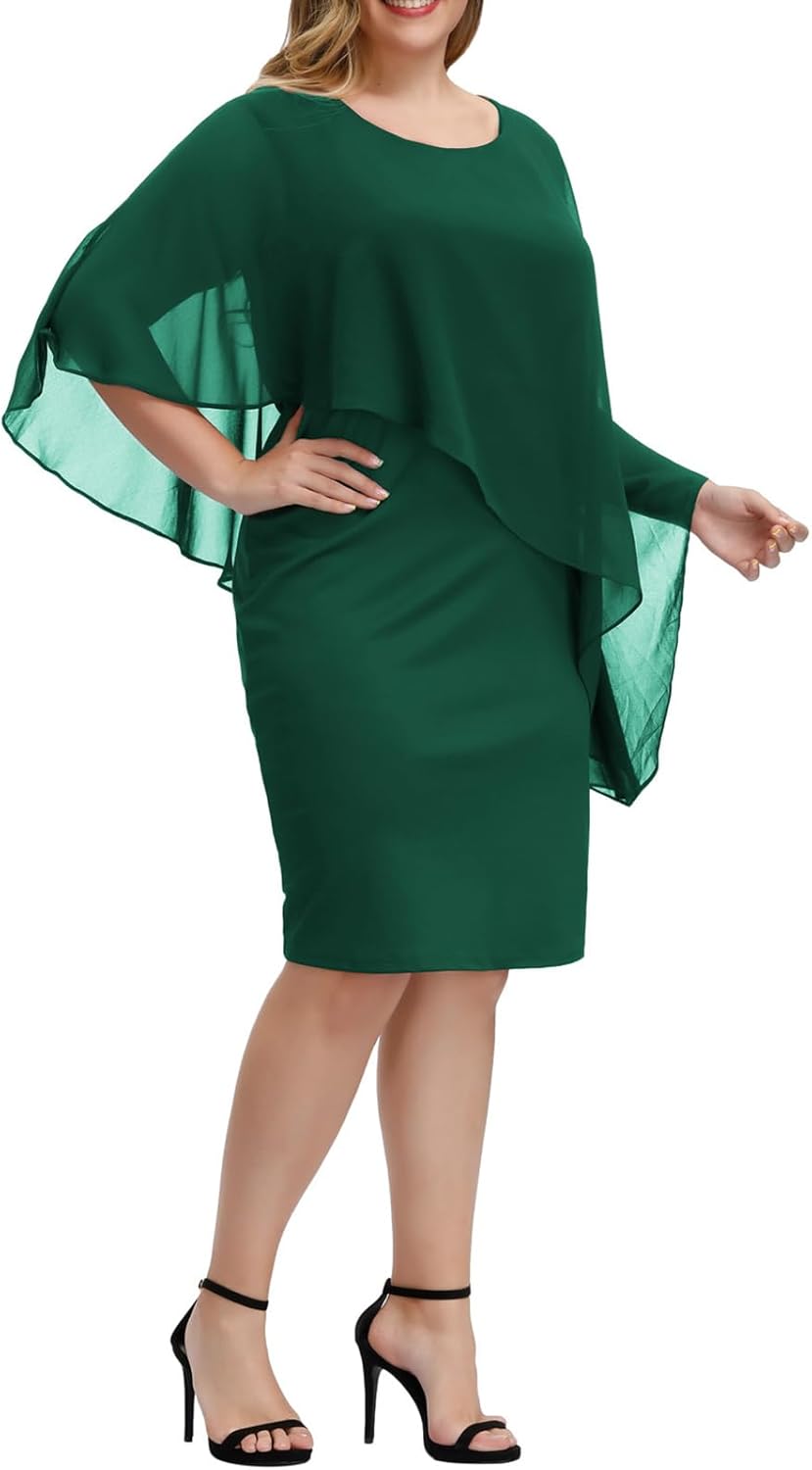 Hanna Nikole Women's Sleeveless Cape Dress with Chiffon Overlay Sequin Bodycon Pencil Dress