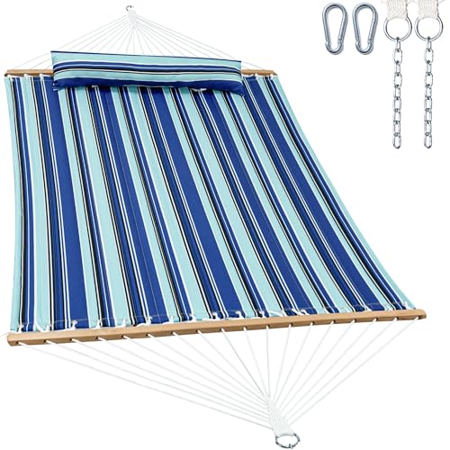 GAFETE Hammock 2 Person Quilted Fabric Hammocks for Outside, Double 12ft Hammocks with Spreader Bar, Large Removable Pillow, Storage Bag, Carabiners, Max 475 lbs Capacity (Catalina Beach) by gafete - Used condition - US$55.99