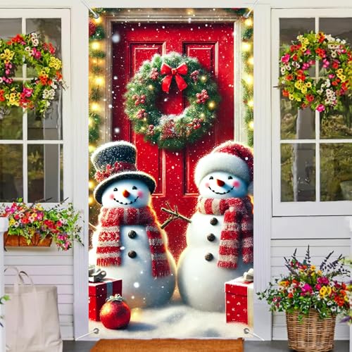 Image of BlissYard Door Cover Snowman Pair Pine Greenery 35x71 Inch Polyester | Door Banner, Wall Decor | Snowman Pair Accent, Pine Greenery Backdrop | Porch, Hallway, Party (Winter Art)