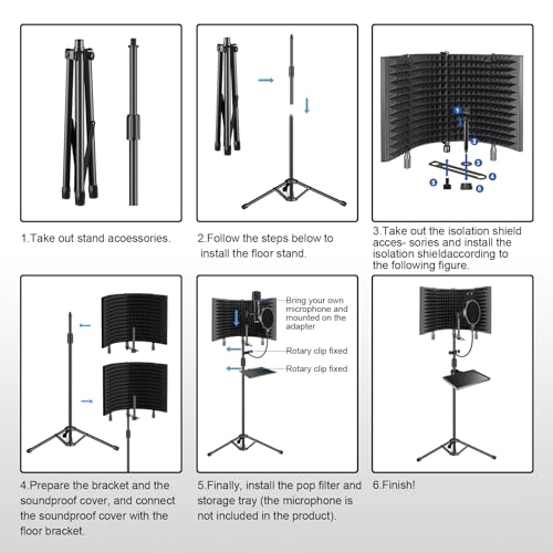 Professional Studio Recording Microphone Isolation Shield, Pop Filter,High density absorbent foam is used to filter vocal. Suitable for Blue Yeti and other condenser microphones (AO-504 With Stand)