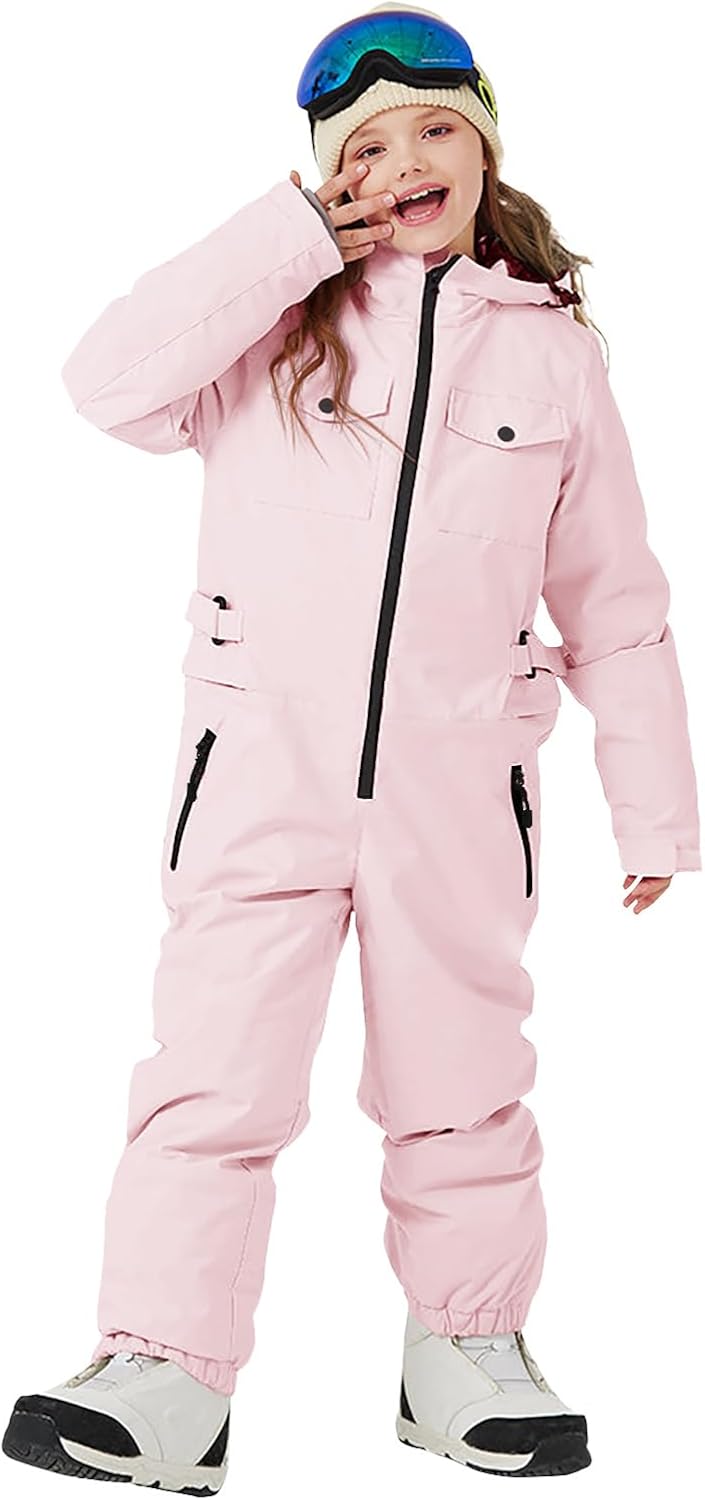 Haloumoning Kids Snow Suit Girls Waterproof Insulated Winter Outdoor Overalls Snowboarding One Piece Ski Suit 5-14Years Pink 13-14 Years