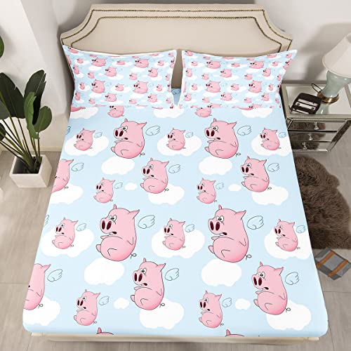 Flying Pig - Juego de sábanas de cerdo rosa para niños y niñas con animales kawaii, sábana...