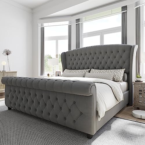AMERLIFE Queen Size Upholstered Sleigh Bed Frame with Wingback Headboard