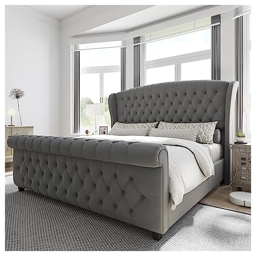 AMERLIFE Queen Size Platform Bed Frame, Velvet Upholstered Sleigh Bed with Scroll Wingback Headboard & Footboard/Button Tufted/No Box Spring Required/Grey