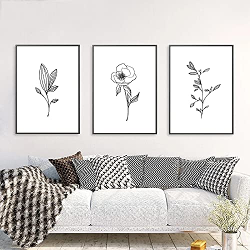 Affiche noir blanc botanique minimaliste dessin crayon contour feuille pour cadre 50x75