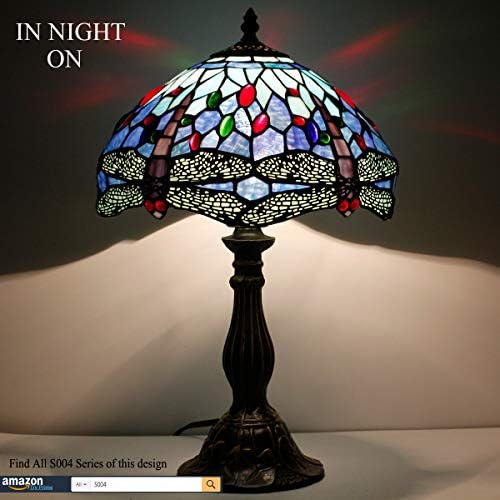 WERFACTORY Tiffany Table Lamp Bedside Lamp Sea Blue Stained Glass Dragonfly Style Desk Desk Light 18" Tall Antique Memory Sympathy Decorative Living Room Bedroom Banker Victorian LED Bulb Better