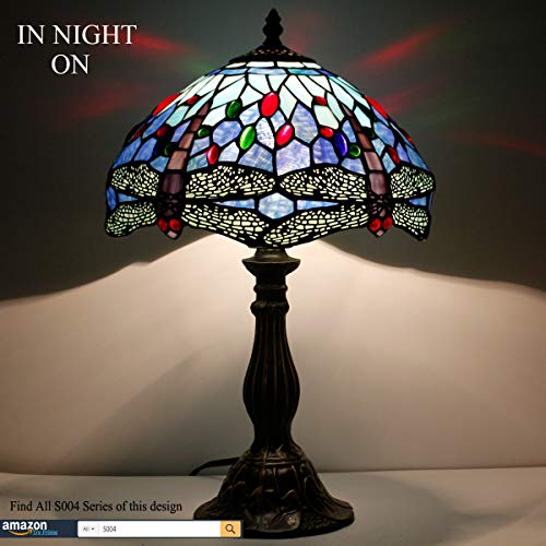 Werfactory Tiffany Table Lamp Blue Stained Glass Dragonfly Style Bedside Desk Reading Light 12X12X18 Inches Decor Bedroom Living Room Home Office S004 Series #TOP1