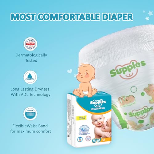 Image of Amazon Brand - Supples Premium Baby Diaper Pants | 16 Baby Diapers | Medium | 7-12 Kg | 12 Hrs Absorption | Cushiony Cotton Soft Fabric | Phthalates-Free | Triple Leak Guard