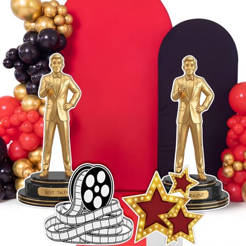Image of 4 Pcs Movie Night Party Decorations Includes Film Strip Cardboard Star Cutout Gold Man Standees with Sturdy Bases for Movie Red Carpet Themed Birthday Party Photo Booth Props