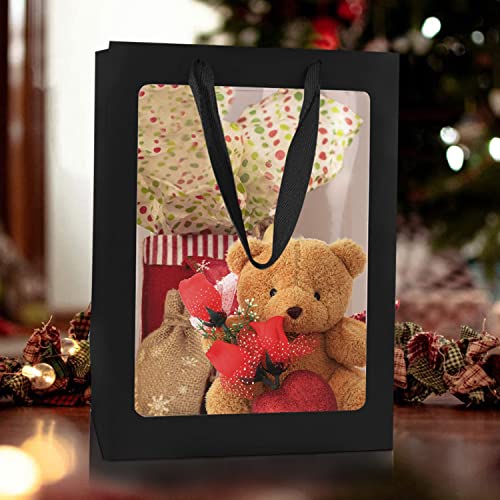 BallHull 12 Pcs Black Kraft Paper Gift Bags with Transparent Window, 9.84\"x7.0\"x5.12\" Kraft Shopping Bags with Handles for Bouquet Christmas Birthdays Festivals Party Weddings Wrapping