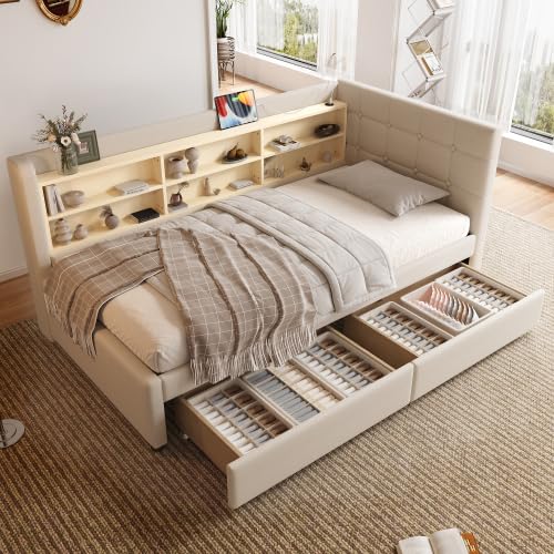 Divano Letto 90 * 200cm con USB & Tipo C, Vano Portaoggetti e 2 Cassetti, Testiere Laterali con Posizioni Intercambiabili, Letto Singolo con Rete a doghe Lino(Senza Materasso) Beige