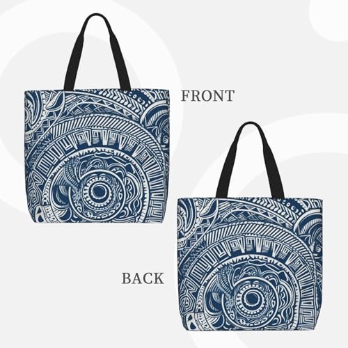 (Blue Polynesian Maori Tribal Pattern) Large Reusable Tote Bag For Women Foldable Washable Shoulder Bag For Shopping Beach Travel Gym Work Stylish Gift Bag3